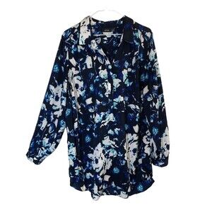 Apt 9 Womens Blouse 1X Top Tunic Black Blue White Dark Floral Cottage Office